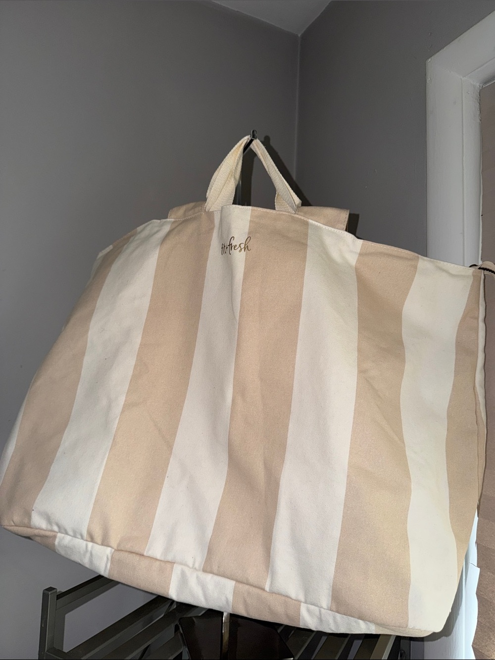 Striped Canvas Tote Bag in Beige & Cream